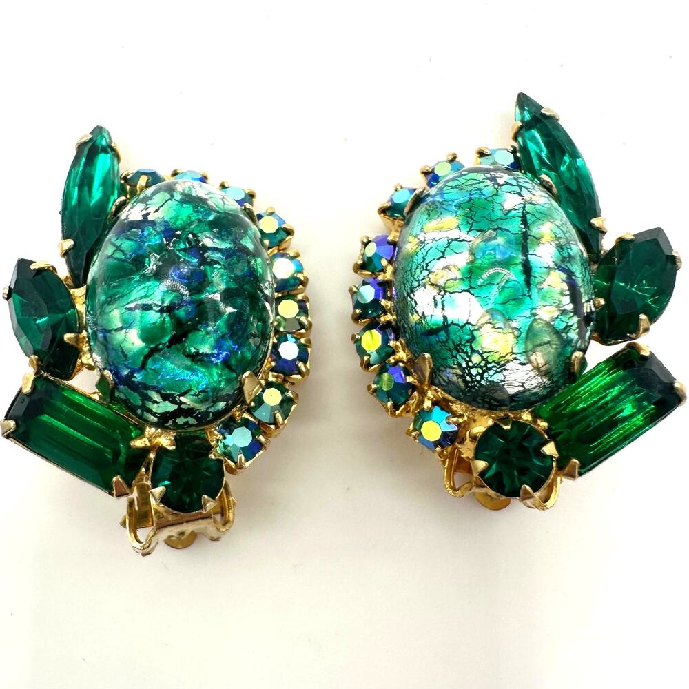 Juliana 1960s vintage gold tone green art glass AB rhinestones clip on earrings